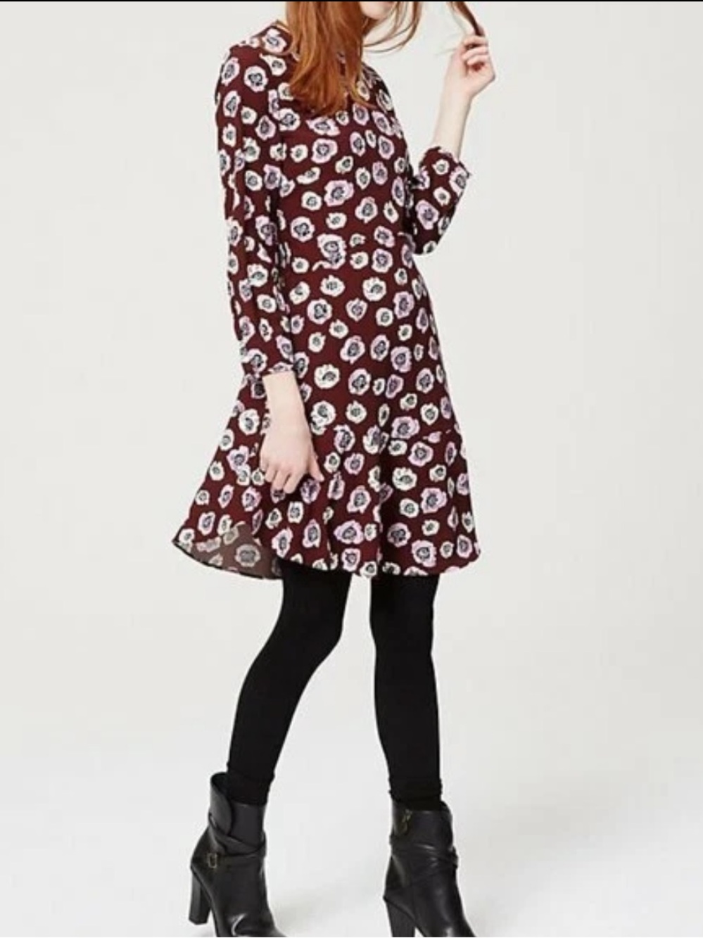 NWT LOFT Burgundy Floral Flounce Dress